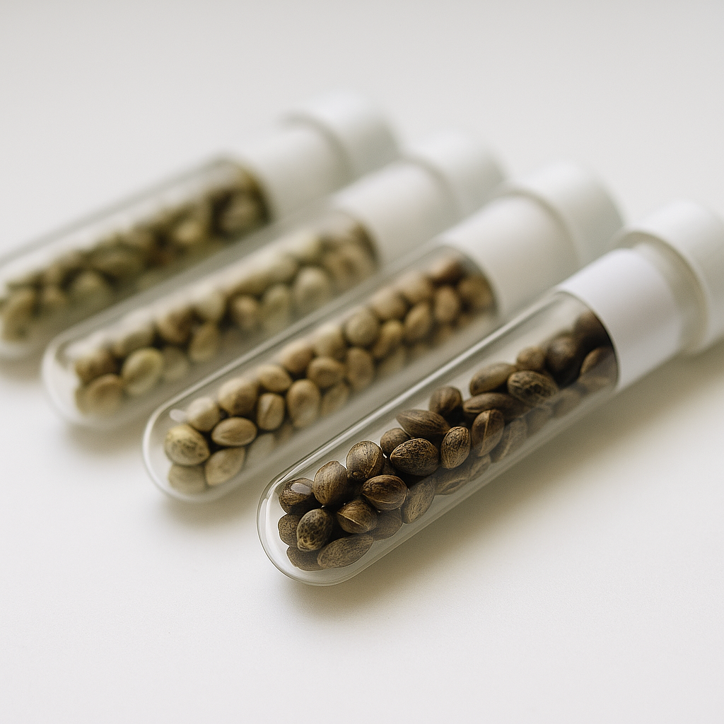 Mehrere Glasröhrchen mit verschiedenen Cannabis Samen-Farben auf weißem Hintergrund – Symbol für Sortenvielfalt und Calligenetics Genetik bei CBD Hexe®.