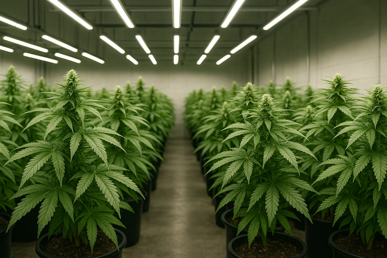 Moderne Indoor-Hanfplantage mit gesunden CBN Blüten von CBD Hexe®, nachhaltig angebaut unter LED-Licht für höchste Reinheit und Qualität.