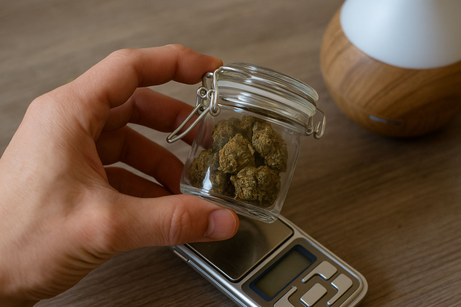 Nahaufnahme einer Hand, die ein Glas mit CBN Blüten von CBD Hexe® öffnet, daneben Waage und Aromavernebler – natürliche Anwendung und Dosierung.