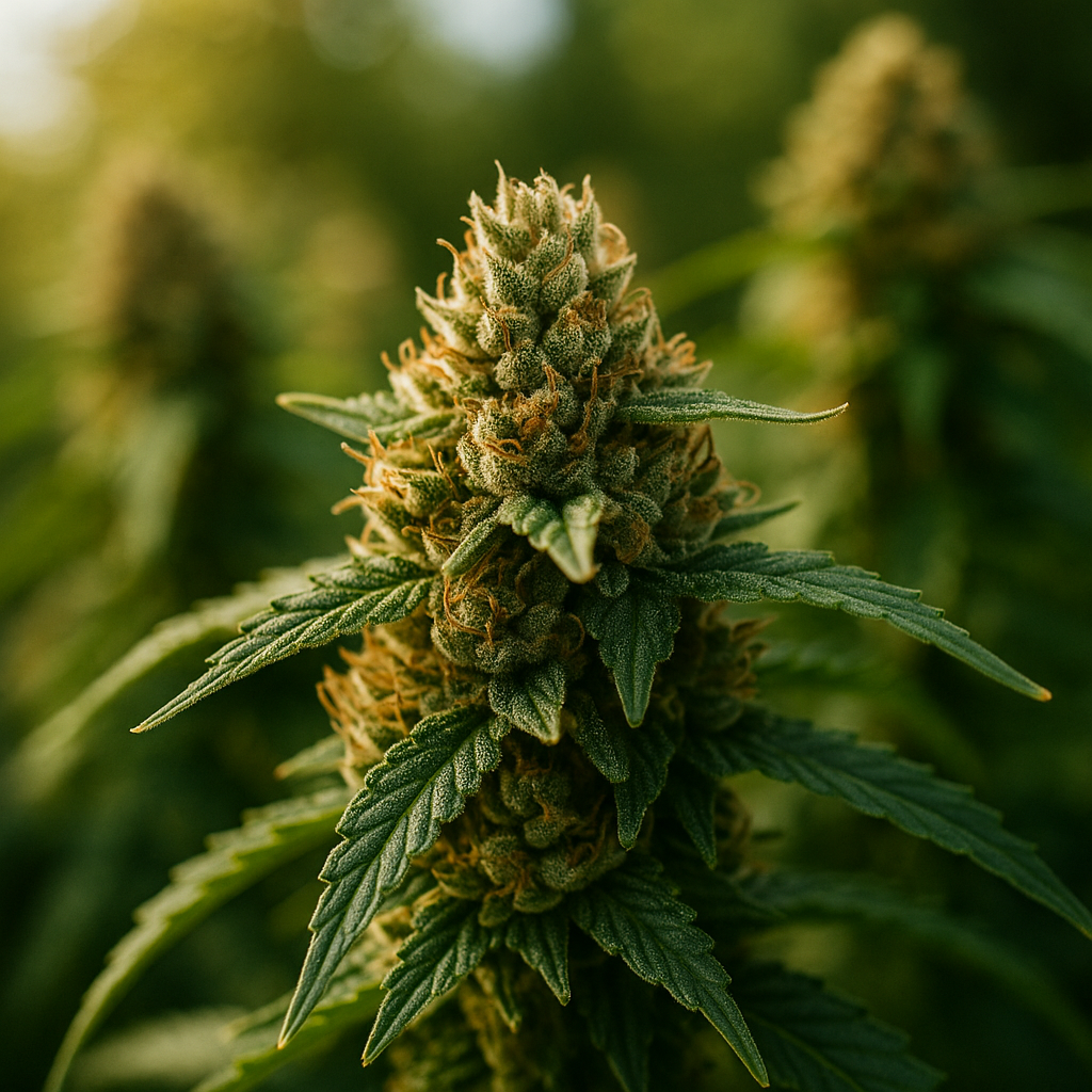 CBN Blüten von CBD Hexe® in natürlichem Sonnenlicht – hochwertige Hanfblüten mit bernsteinfarbenen Trichomen, Symbol für reines Cannabinol und natürliche Qualität.