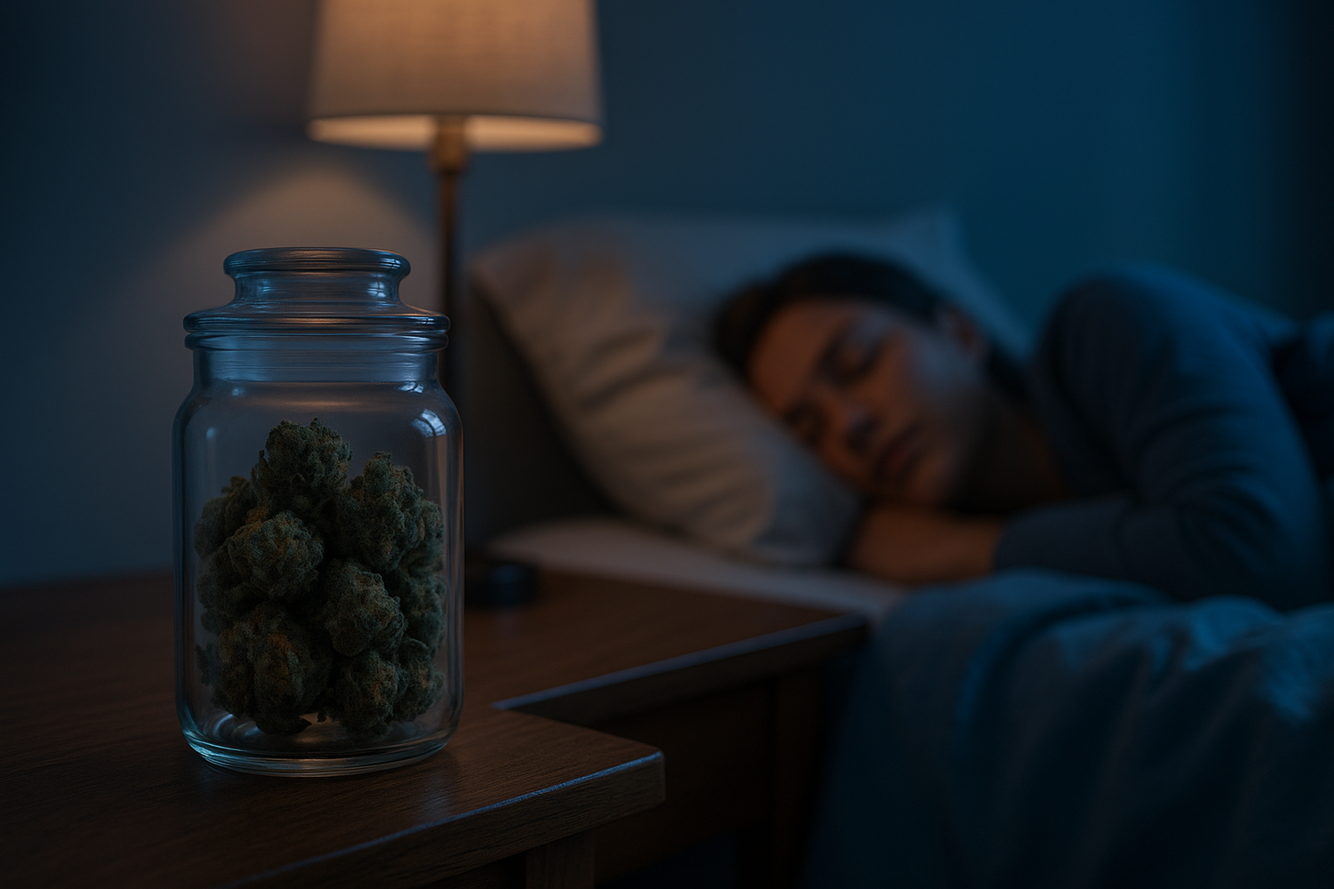 Schlafzimmer mit sanfter Beleuchtung, Glas mit CBN Blüten auf dem Nachttisch, schlafende Person im Hintergrund – Symbol für die beruhigende Wirkung von CBD Hexe® CBN Blüten.