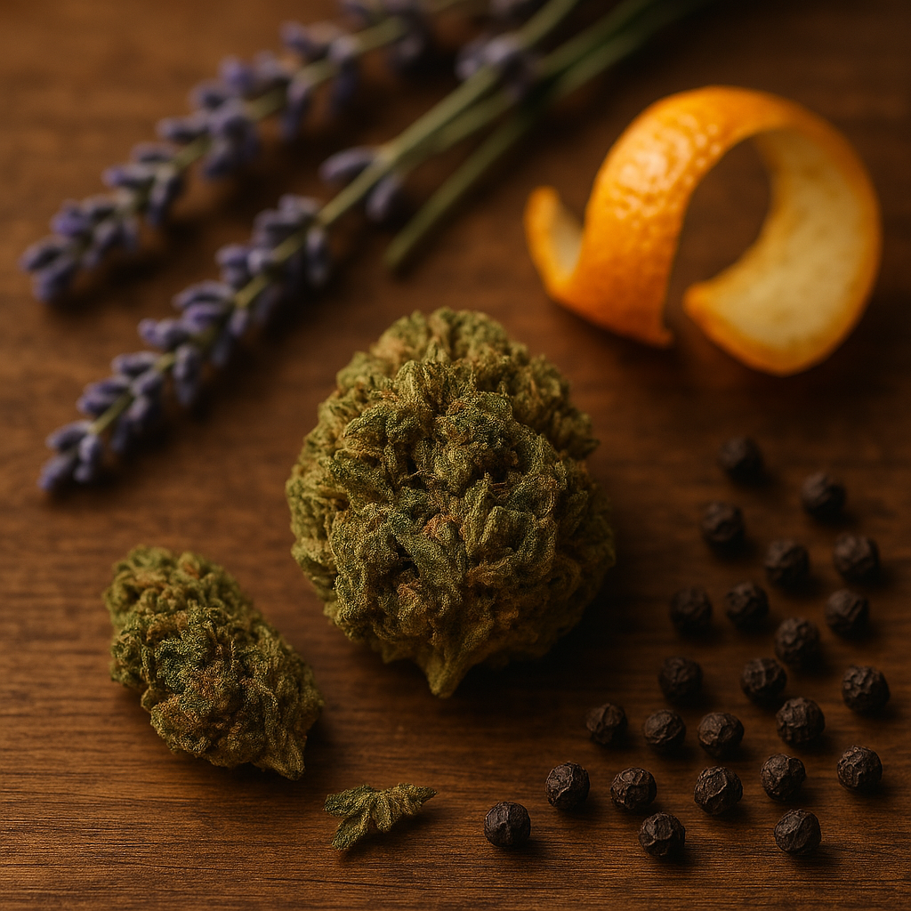 CBN Blüten auf Holzoberfläche, umgeben von Lavendel, Zitrusschale und Pfefferkörnern – Symbol für das Terpenprofil und die natürliche Duftvielfalt von CBD Hexe®.