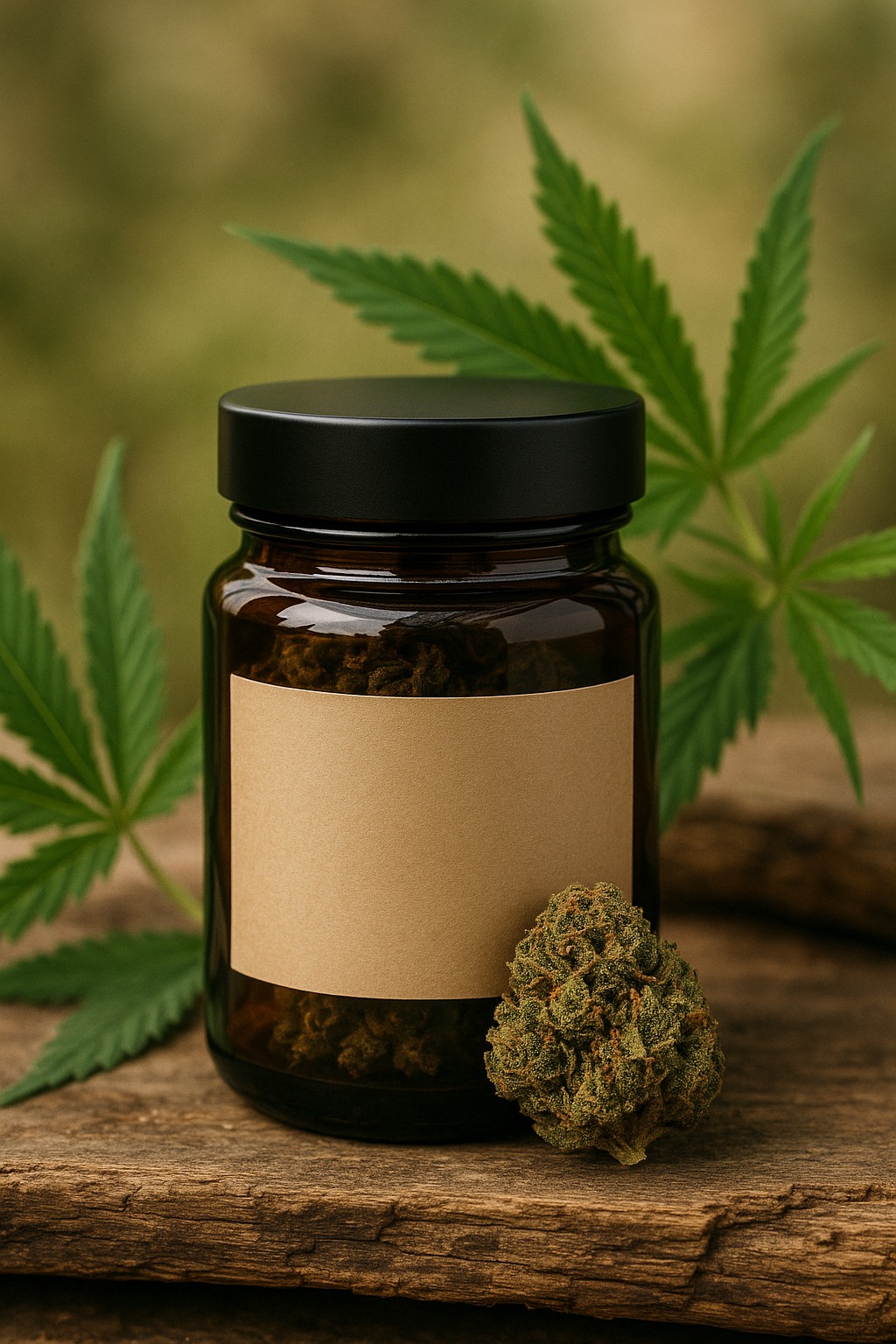 Hochwertige Verpackung mit CBN Blüten von CBD Hexe®, ohne Logo oder Text, auf Naturhintergrund mit Hanfblättern, Glas und Holz – luxuriöses, authentisches Markenbild.