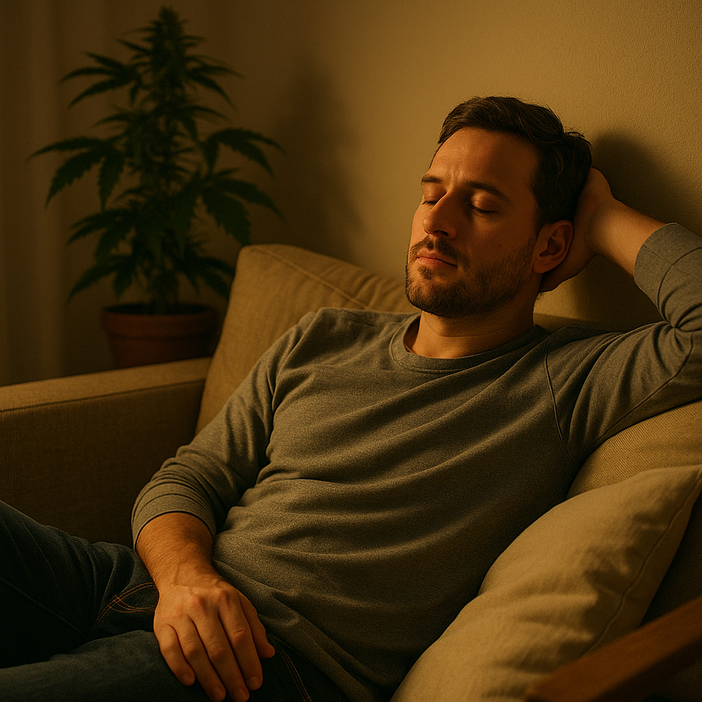 Person entspannt am Abend auf einem Sofa, sanft beleuchtet, im Hintergrund eine Hanfpflanze – CBN Blüten von CBD Hexe® stehen für Ruhe, Entspannung und erholsamen Schlaf.