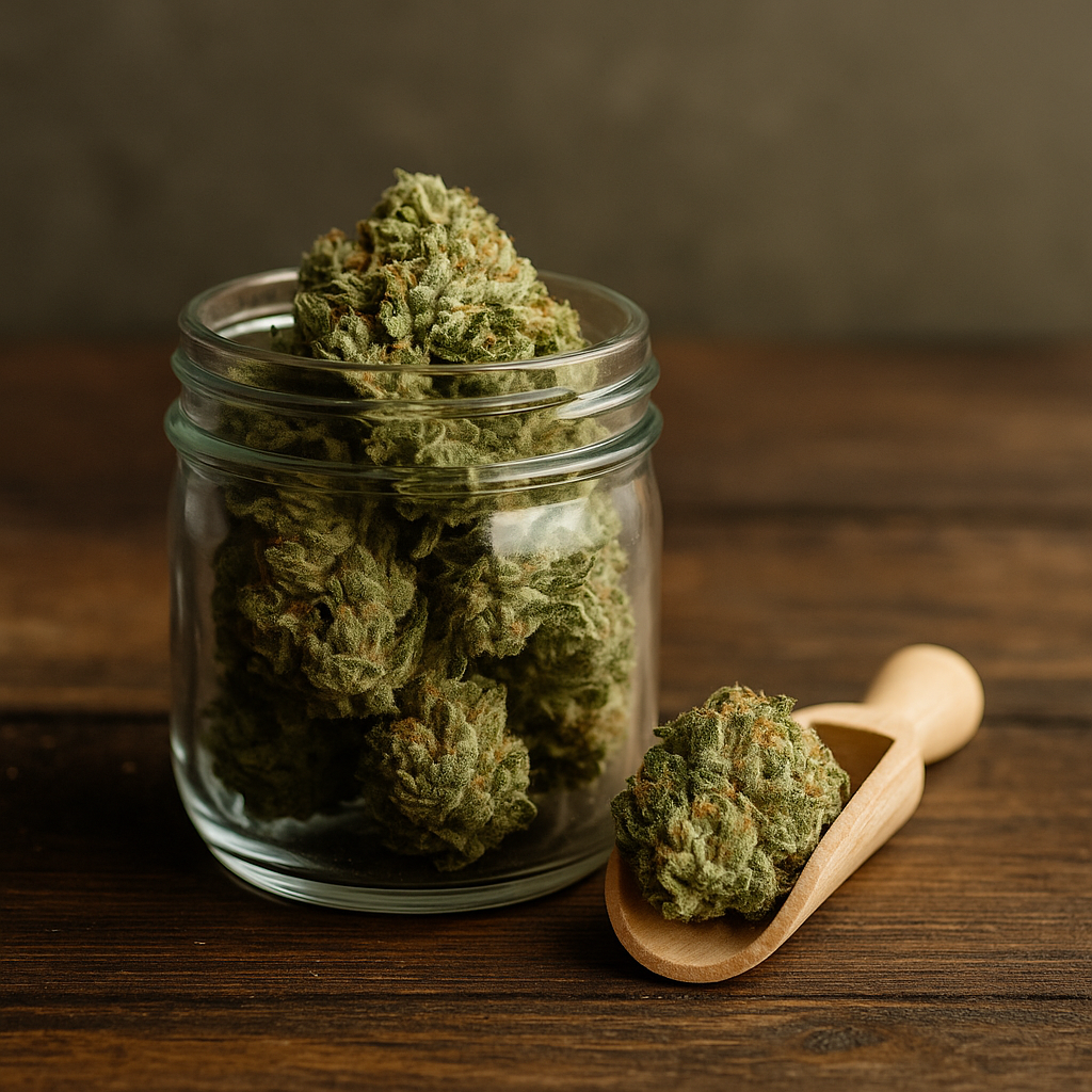 THCA Blüten in luftdichtem Glasbehälter mit Holzlöffel auf Holztisch – richtige Lagerung für Frische und Aromaerhalt bei CBD Hexe® Produkten.