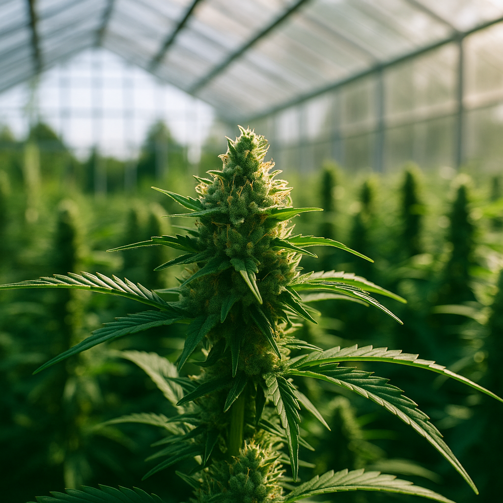 Moderne Indoor-Anlage mit leuchtend grünen THCA Pflanzen im Sonnenlicht – nachhaltiger, pestizidfreier Anbau von CBD Hexe® Premium THCA Blüten.