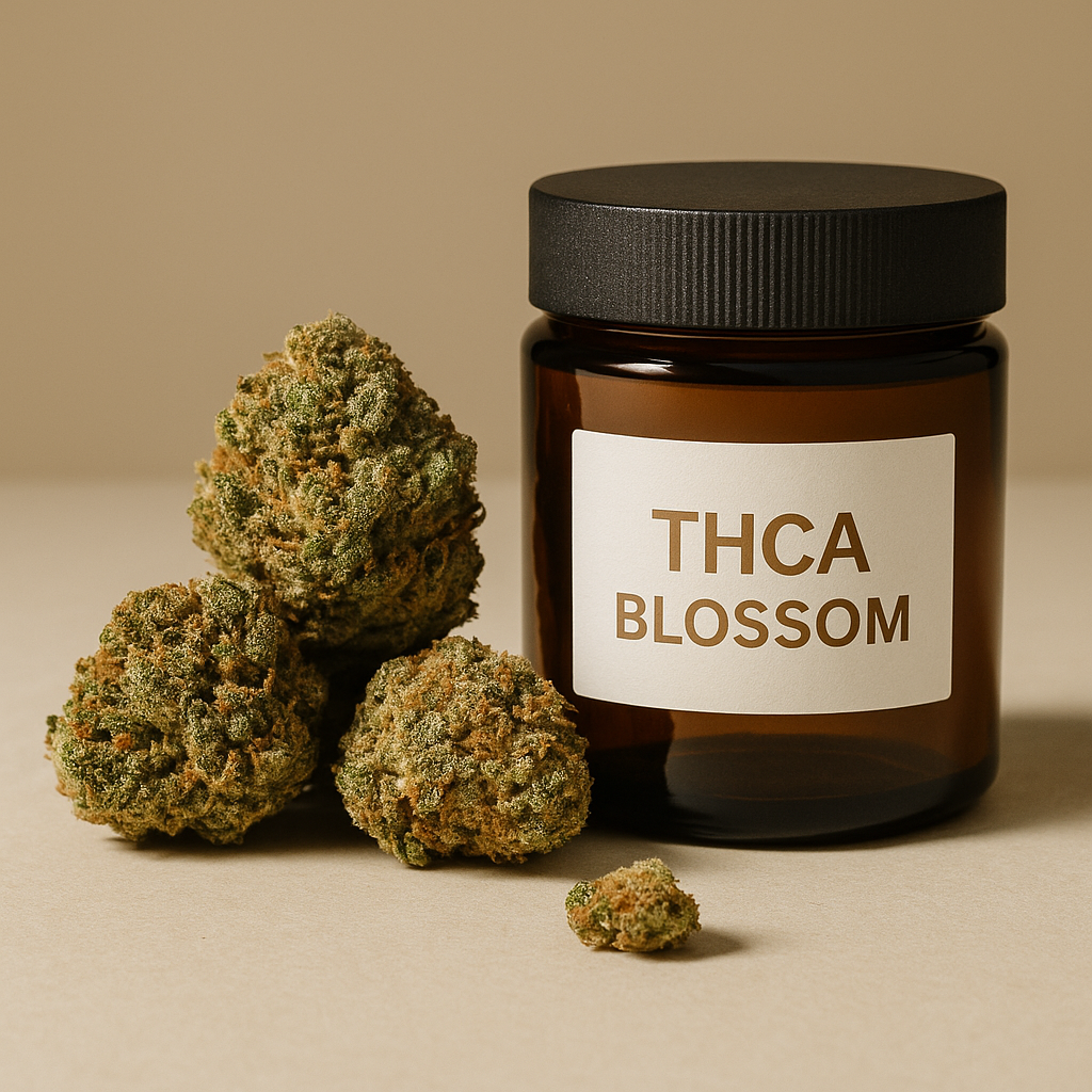 Premium THCA Blüten von CBD Hexe® in edler Verpackung auf warmem Hintergrund – Symbol für Qualität, Transparenz und hochwertige Hanfprodukte.