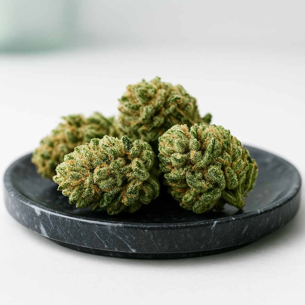 Makroaufnahme von handverlesenen THCA Blüten auf dunklem Marmorteller – Premium THCA Blüten von CBD Hexe® mit sichtbaren Trichomen und natürlicher Struktur.