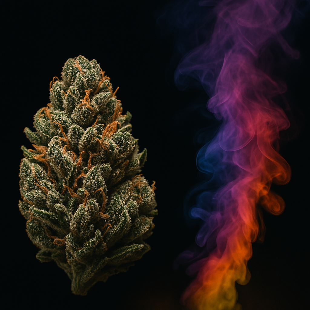 THCA Blüten mit farblich angedeutetem Duftschleier – Darstellung des natürlichen Terpen- und Aromaprofils der THCA Hanfblüten von CBD Hexe®.