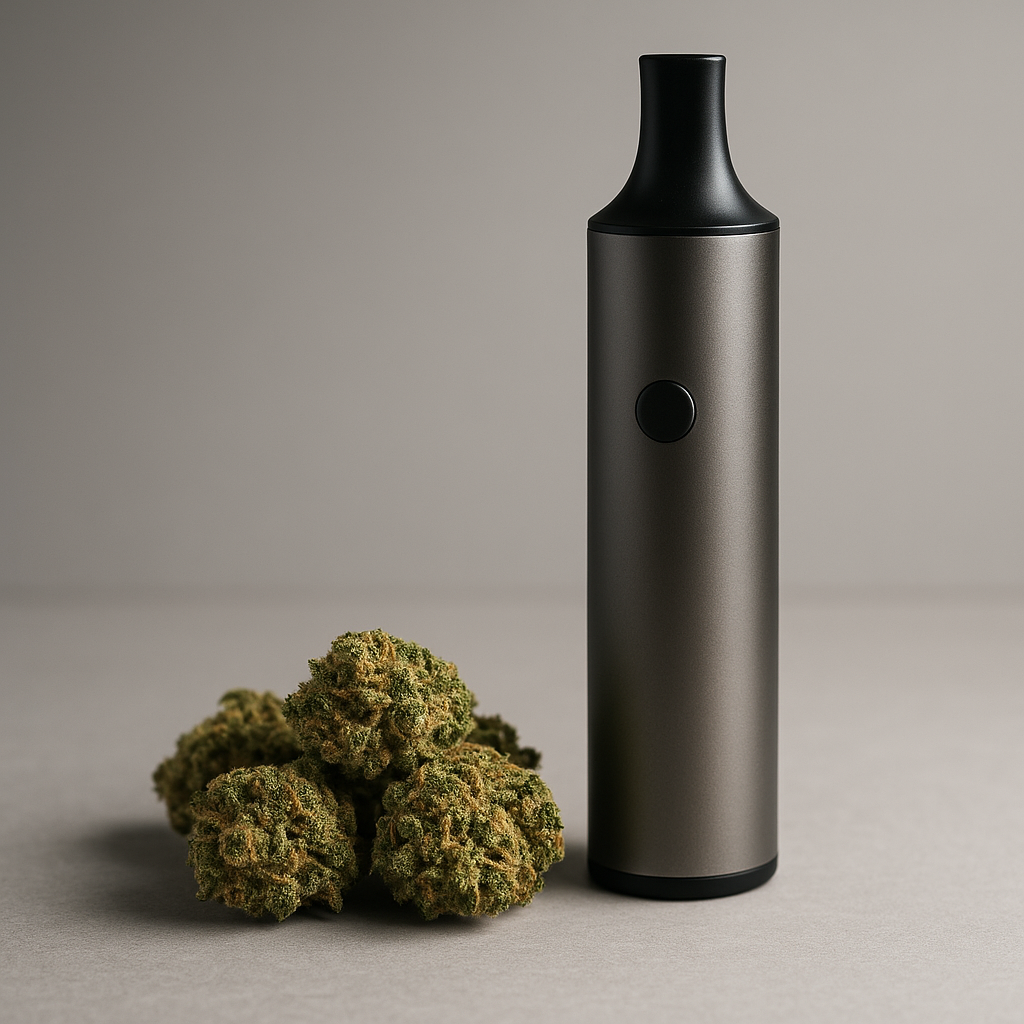 Moderner Vaporizer mit THCA Blüten auf heller Fläche – schonende Verdampfung für volles Aroma und natürliche Cannabinoid-Aktivierung bei CBD Hexe®.