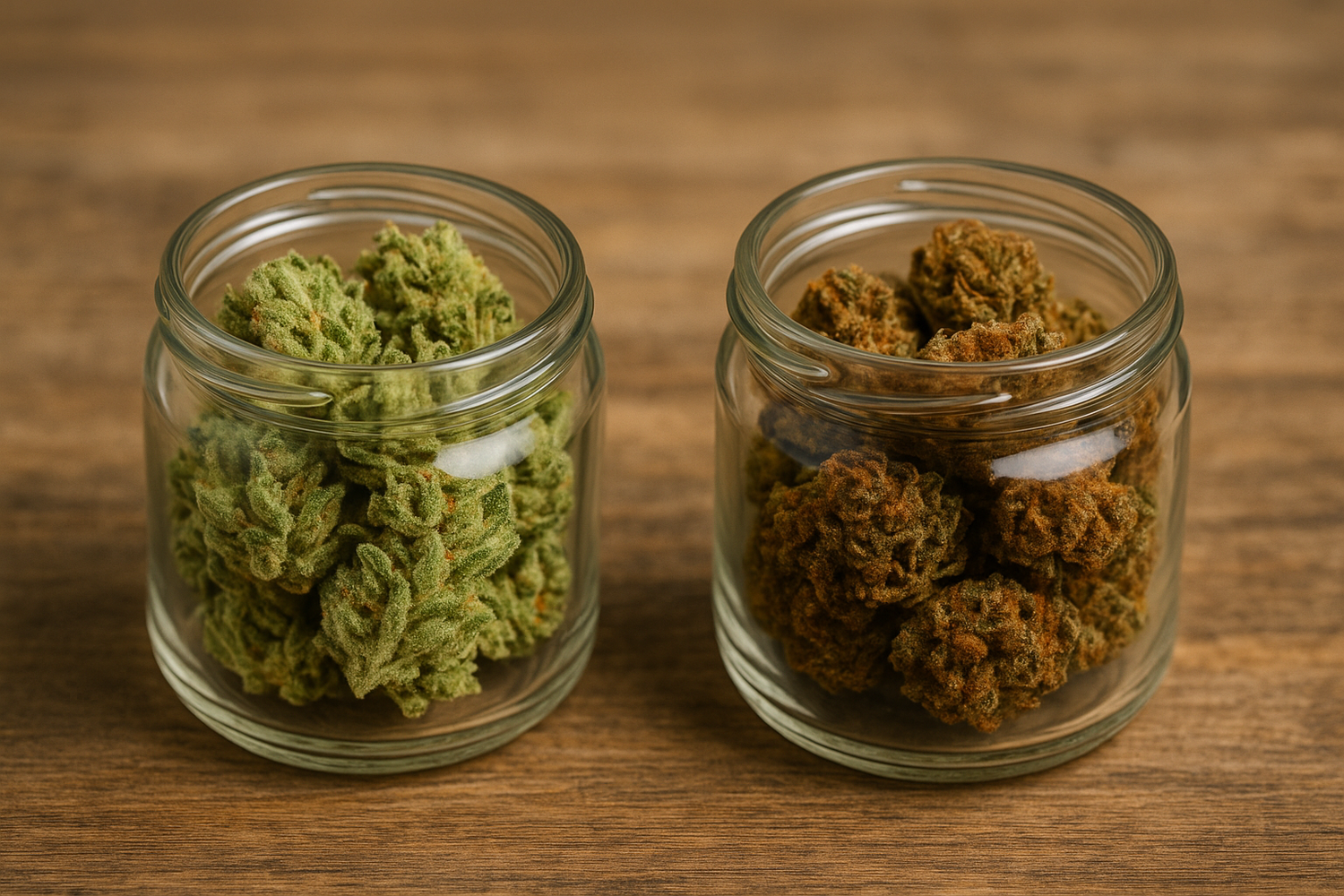 Zwei Glasbehälter mit CBN und CBD Blüten im Vergleich – links hellgrüne CBD Blüten, rechts dunklere CBN Blüten, fotografiert für CBD Hexe® zur Darstellung der Unterschiede.